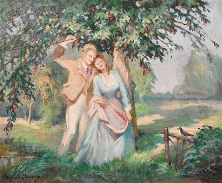 An amorous couple gathered beneath a cherry tree