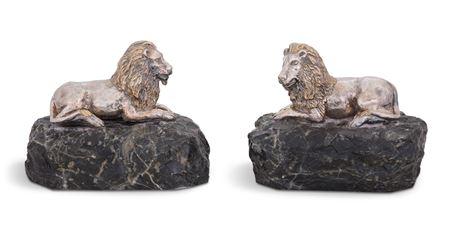 Pair of Silver-Clad Lion Sculptures on Marble Bases