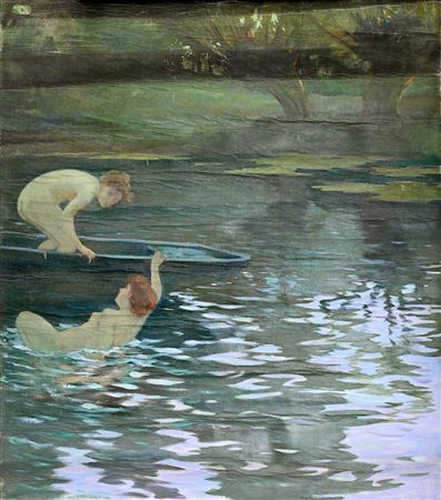 Two bathers in a river with a boat