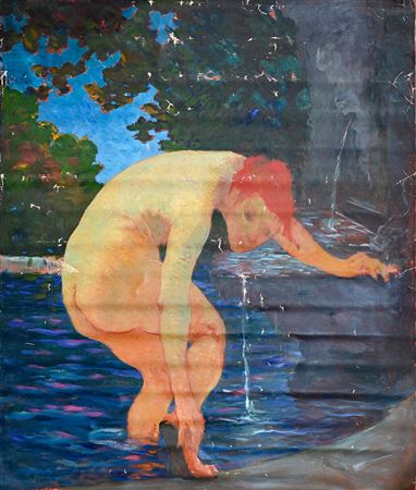 Tawny bather drinking at the fountain