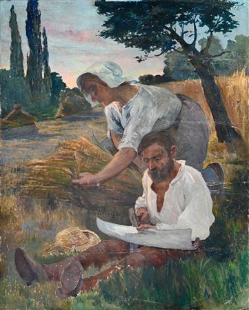 Peasant repairing his scythe