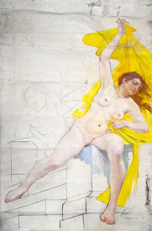 An oil on canvas sketch of a woman holding a yellow drape