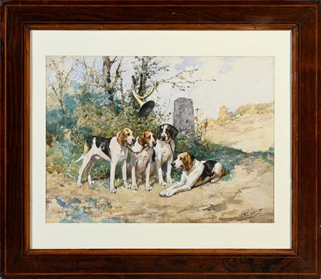 Relay of dogs at the foot of a tree with a trunk