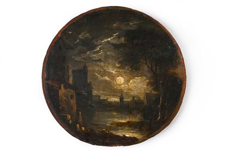 View of a harbor in the moonlight