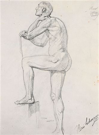 Study of a walking figure facing left, leaning forward holding a cane