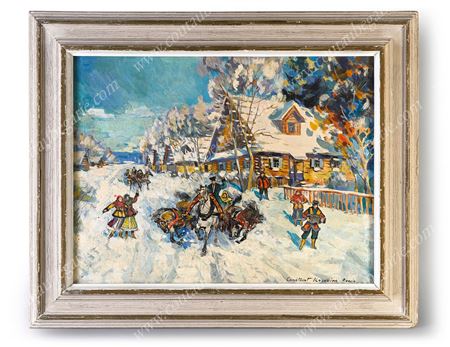 Troika galloping through a Russian village in the snow.
