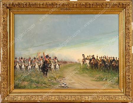 Historical scene depicting Emperor Napoleon I saluting the hussar troops at the Battle of Friedland in 1807.