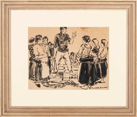 Man, standing, talking to women