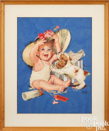 Illustration of a baby and puppy by Frances Tipton (Parker) Hunter - Auction record, sale price, and art valuation. Compare with similar artists and explore comparable artworks.