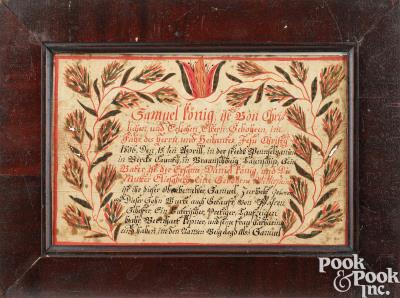 Fraktur for Samuel Fonig, 1806, with script surrounded by vines and tulip