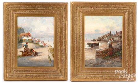 Pair of coastal scenes with mother and child (2)