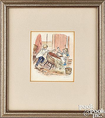 Illustration of a boy and girl washing a pig by Tasha Tudor - Auction record, sale price, and art valuation. Compare with similar artists and explore comparable artworks.