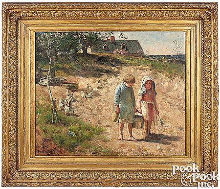 Landscape with two children and ducks