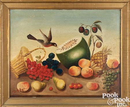 Folk art still life with birds and fruit