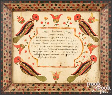 Centre County fraktur birth certificate for Wilhelm Biehrly b. 1818