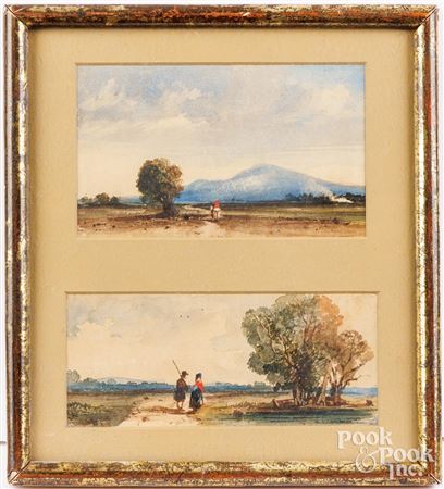 Pair of watercolor Continental landscapes with fig