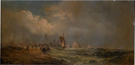 SEASCAPE WITH SAILBOATS AND FISHERMEN