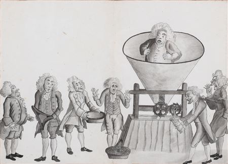 GEORGE III IS IN A FUNNEL BEING GROUND FOR MONEY