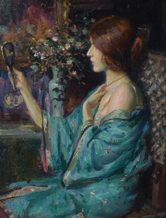 WOMAN SEATED AT HER VANITY