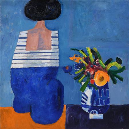 WOMAN WITH VASE OF FLOWERS