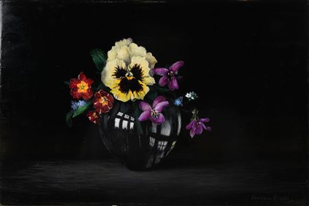 STILL LIFE WITH PANSIES AGAINST A BLACK BACKGROUND