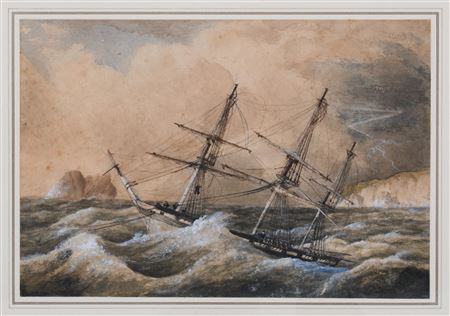 THREE MASTED TRADER AT ANCHOR RIDING OUT A STORM