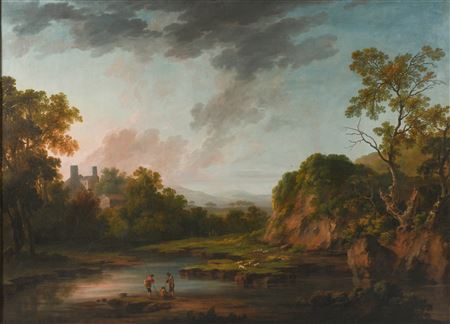 CLASSICAL RIVER LANDSCAPE WITH SHEEP AND ANGLERS, BALLYGARTH CASTLE IN THE BACKGROUND Oil on canvas