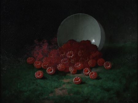 STILL LIFE WITH RASPBERRIES CASCADING FROM A CHINA BOWL