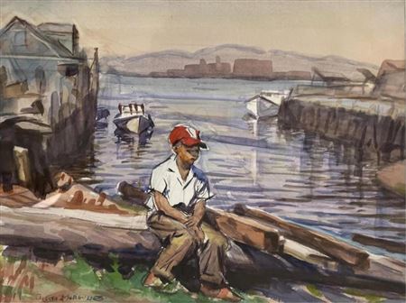 YOUNG BOY SITTING IN THE HARBOR