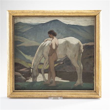 Female nude, watering a horse