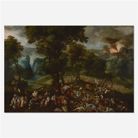 David freeing Ahinoam and Abigail from the Amalekites, the City of Ziklag burning in the distance