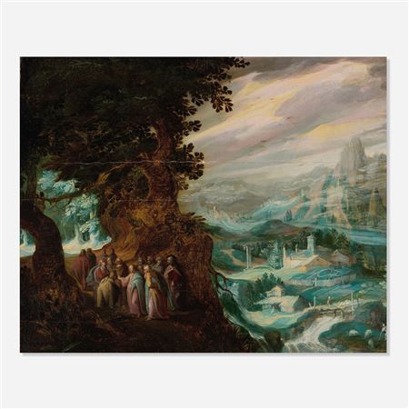 Christ accompanied by apostles on a mountain road blessing a pilgrim