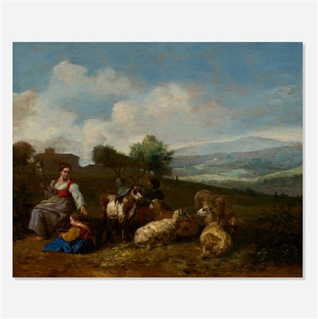 An extensive landscape with sheep and goats attended by a shepherdess and her child spinning yarns of wool
