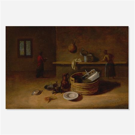 A kitchen with cooks at work