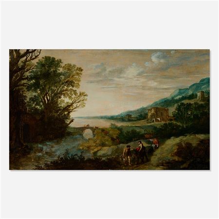 A classical river landscape with peasants driving animals
