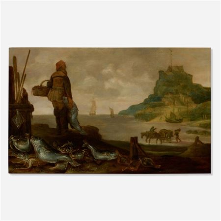 A beach scene with fishermen and a still life of fish in the foreground