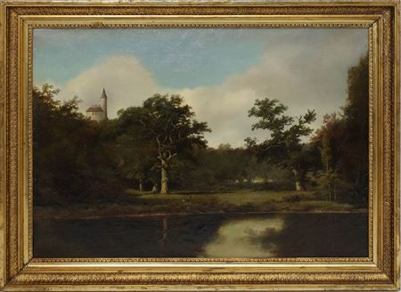 Romantic Lakeshore with Deer and Castle Tower over Tree Crowns
