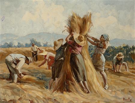 Haymakers in a sunlit field