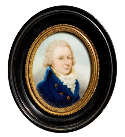 Portrait of a gentleman, quarter-length, wearing a blue coat, yellow waistcoat, and a white frilled stock;