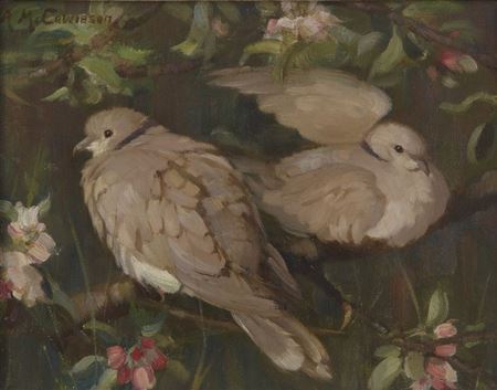 Two turtle doves resting on flowering branches;