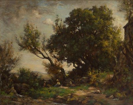 Figures seated in a wooded landscape;