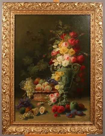 Floral still life with fruit basket