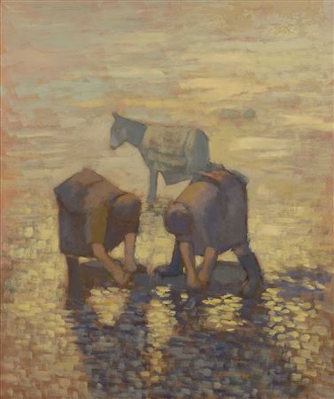 Two female cockle pickers with a donkey in the background