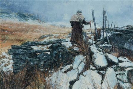 Shepherd in winter landscape
