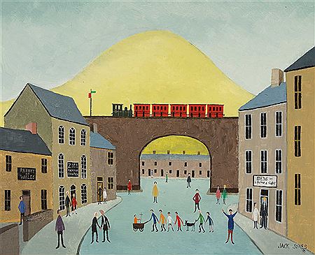 Figures in street with the zion baptist church and hotel advertising 'Beds-Six Pence a Night' by Jack Jones - Auction record, sale price, and art valuation. Compare with similar artists and explore comparable artworks.