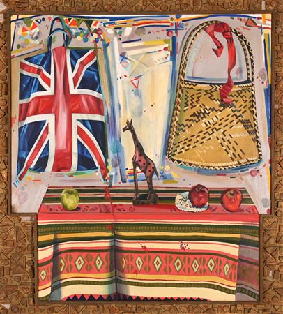 Composition with Union Jack Bag, Hand Bag and Fruit with Giraffe Sculpture on Table