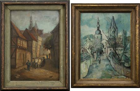 "Soest" - Street with a view of St. Petri and St. Patrokli, probably Höggenstraße; Soest - Horse-drawn cart between half-timbered houses (2)
