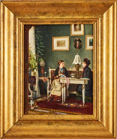 Interior with needlework woman receiving visitors by Carl Reinhold Callmander - Auction record, sale price, and art valuation. Compare with similar artists and explore comparable artworks.