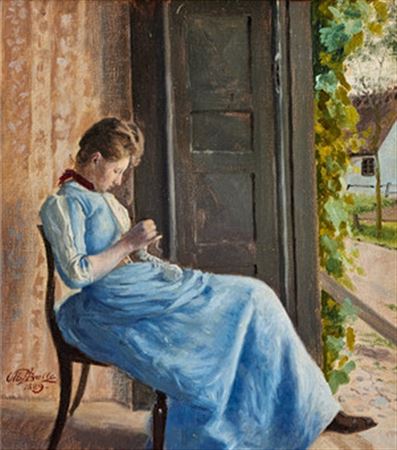 Woman with needlework by Otto P Balle - Auction record, sale price, and art valuation. Compare with similar artists and explore comparable artworks.