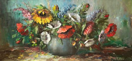 "Üppiges Blumenstilleben mit Sommerstrauß in Vase"